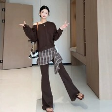 批发<b class='q'>春</b>秋季韩系长袖时尚卫衣套装新款拼接格子休闲裤两件套百搭显瘦