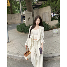 批发素净清透慵懒风仿<b class='q'>亚麻</b>套装女秋季新款气质宽松衬衫休闲<b class='q'>裤</b>