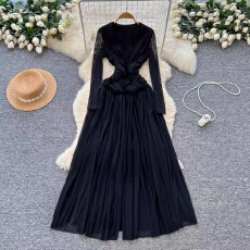 批发<b class='q'>高端</b>气质礼服女<b class='q'>欧美</b>时尚设计感扭结长袖收腰显瘦垂感网纱连衣裙子