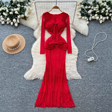 批发名媛<b class='q'>高端</b>优雅礼服女<b class='q'>欧美</b>时尚V领挂脖飘带修身显瘦网纱烫钻连衣裙