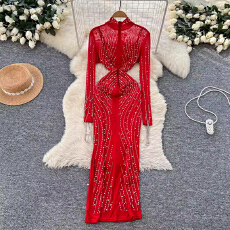 批发高端轻奢女士礼服2025秋季名媛重工钉珠烫钻收腰显瘦网纱连衣裙子