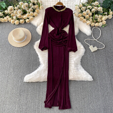 批发<b class='q'>欧美</b>名媛轻奢风镶钻圆领礼服<b class='q'>连衣裙</b>女高级感褶皱收腰优雅开叉长裙