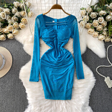 批发名媛性感镂空方领带胸垫连衣<b class='q'>裙</b>女秋季超火烫钻<b class='q'>网纱</b>修身显瘦包臀<b class='q'>裙</b>