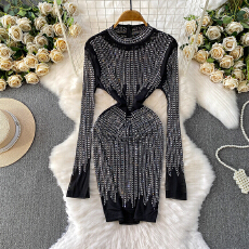 批发欧美ins轻奢闪闪重工烫钻圆领长袖连衣<b class='q'>裙</b>女秋冬<b class='q'>网纱</b>修身显瘦短<b class='q'>裙</b>