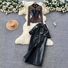 批发欧美名媛<b class='q'>时尚</b>套装女洋气网纱豹纹长袖拼接上衣高腰开叉皮衣半身裙