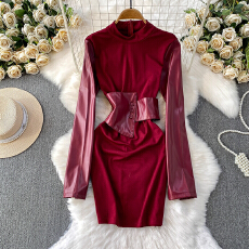 批发<b class='q'>欧美</b>ins小众洋气高级感PU皮拼接圆领<b class='q'>连衣裙</b>女设计束腰显瘦包臀裙