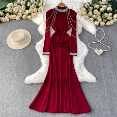 批发<b class='q'>欧美</b>外贸主持人优雅奢华镶钻链条圆领连衣裙女高级感长款鱼尾礼服