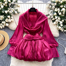 批发氛围感挂脖飘带荡领长袖收腰上衣女2025秋季<b class='q'>欧美</b>时尚蓬蓬花苞短裙