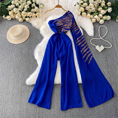 批发<b class='q'>欧美</b>轻奢<b class='q'>高端</b>优雅斜领飘带长袖连衣裤女秋冬轻熟风收腰显瘦阔腿裤