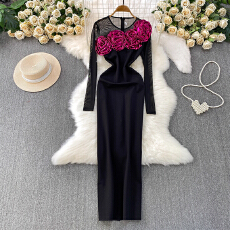 批发欧美ins重工立体花朵拼接<b class='q'>网纱</b>圆领连衣<b class='q'>裙</b>女秋冬名媛优雅包臀长<b class='q'>裙</b>