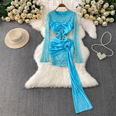 批发法式性感<b class='q'>蕾丝</b>圆领喇叭袖<b class='q'>连衣裙</b>女秋冬设计缎面拼接绑带显瘦包臀裙