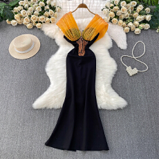 批发欧美ins外贸轻奢重工钉珠V领连衣裙女高级感网纱拼接优雅鱼尾长裙