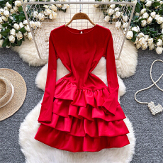 批发生日派对礼服女欧美小众名媛高级感收腰显瘦荷叶边拼接长袖连衣裙