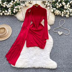 批发<b class='q'>欧美</b>时尚金属扣飘带拼接收腰连衣裙女秋季小众名媛修身包臀<b class='q'>礼服</b>裙