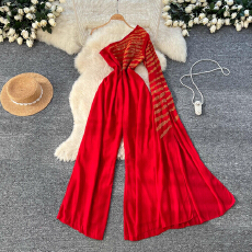 批发<b class='q'>欧美</b>小众轻奢名媛重工烫钻飘带长袖斜肩高腰显瘦气质<b class='q'>礼服</b>连体长裤