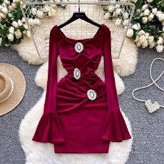 批发高端优雅女士<b class='q'>礼服</b><b class='q'>晚宴</b>派对时尚重工镶钻褶皱收腰修身包臀连衣裙子