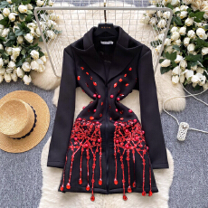 批发<b class='q'>欧美</b>时尚轻奢重工烫钻亮片流苏西装连衣裙女秋季收腰显瘦黑色<b class='q'>礼服</b>