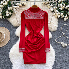 批发小众轻奢<b class='q'>名媛</b>欧美时尚烫钻网纱拼接长袖褶皱收腰显瘦包臀<b class='q'>连衣裙</b>女