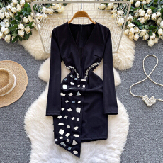 批发欧美时尚重工镶钻亮片收腰不规则<b class='q'>连衣裙</b>女秋季修身显瘦<b class='q'>名媛</b>礼服裙