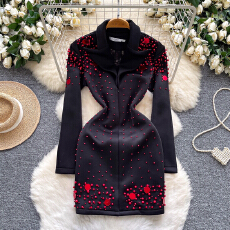 批发欧美小众轻奢名媛重工钉珠亮片西装连衣裙<b class='q'>女</b>收腰显瘦包臀黑色礼服