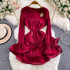 批发欧美网红小众高级感流光<b class='q'>网纱</b>喇叭袖连衣<b class='q'>裙</b>女士优雅蓬蓬荷叶边短<b class='q'>裙</b>