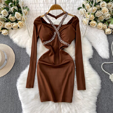 批发轻奢千金风性感方领带胸垫<b class='q'>连衣裙</b>女秋冬重工镶钻钉珠修身显瘦短裙