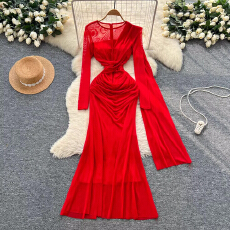 批发晚宴礼服女高端优雅设计感披肩飘带<b class='q'>拼接</b>褶皱收腰气质网纱<b class='q'>连衣裙</b>子