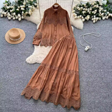 批发法式复古宫廷风镂空刺绣<b class='q'>灯笼袖</b><b class='q'>衬衫</b>女秋季高腰长袖半裙大摆两件套