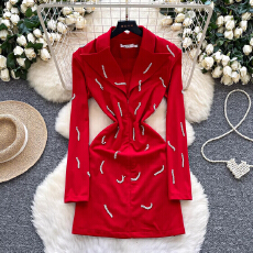 批发轻奢风重工镶钻优雅<b class='q'>西装</b>领连衣裙女韩版修身显瘦收腰红色通勤裙