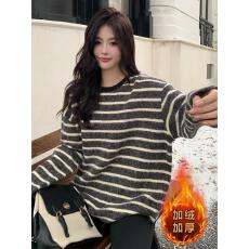 批发原版兔绒双面毛 撞色条纹长袖<b class='q'>T</b><b class='q'>恤</b>女秋冬高级感宽松慵懒风上衣潮流