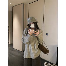 批发原版兔绒78腈纶19腈纶3氨纶慵懒风条纹长袖<b class='q'>t</b><b class='q'>恤</b>女秋冬季休闲上衣