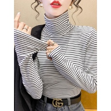 批发280g德绒条纹高领打底衫女秋<b class='q'>冬</b>季小个子加绒内搭磨毛长袖t恤上衣