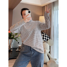 批发280g德绒复古撞色条纹高领打底衫女秋<b class='q'>冬</b>新款修身显瘦长袖上衣