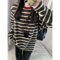 批发原版兔绒双面毛 条纹长袖女秋冬新款韩系慵懒风宽松中长款上衣潮