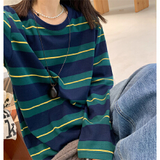 批发官图不减价#韩系松弛感条纹圆领<b class='q'>长袖</b><b class='q'>t</b><b class='q'>恤</b>女秋季休闲新款慵懒上衣潮