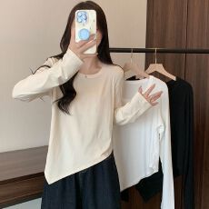 批发实拍#【螺纹德绒】设计感圆领长袖t恤女秋冬季宽松百搭<b class='q'>打底</b>衫潮