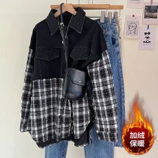 批发不减价#加厚夹棉格子<b class='q'>牛仔</b>拼接<b class='q'>外套</b>女冬<b class='q'>韩版</b>复古宽松百搭显瘦上衣