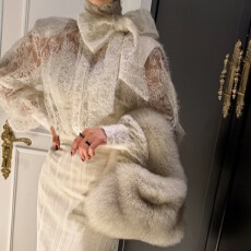 批发2026春季 法式复古蕾丝钩花微透蝴蝶系带泡泡袖蕾丝衬衫