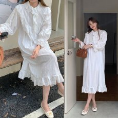 批发实拍有货 复古宫廷风雕孔绣褶边喇叭袖<b class='q'>连衣裙</b>