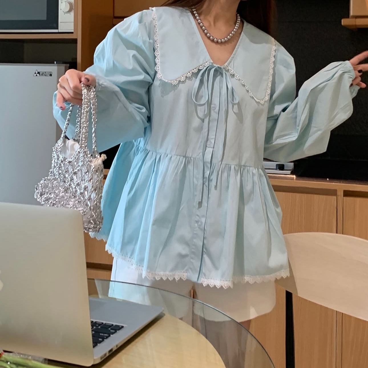 재고 있음 프랑스식 한국 외국 가스 달콤함 레이스 패치워크 셔츠 셔츠