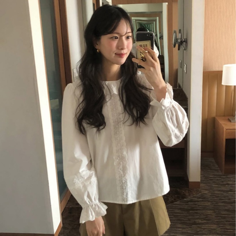 레트로 궁정 품격 레이스 패치워크 셔츠