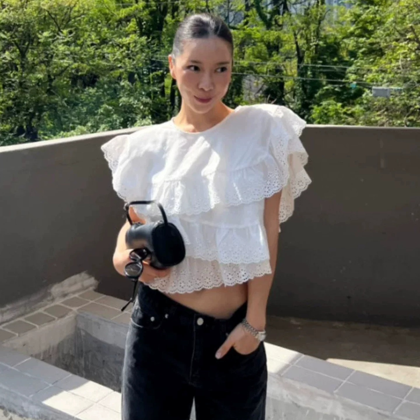 재고 있음 한국 ins 바람 레트로 작은 대중 불규칙 레이스 패치워크 셔츠