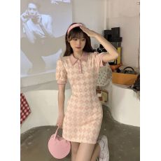 批发韩版甜辣妹别致Polo领<b class='q'>连衣裙</b>女森系初恋裙款修身显瘦气质高雅裙子