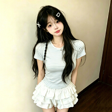批发甜美设计感条纹正肩短袖+少女感白色蓬蓬蛋糕裙小个子两件套