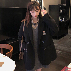 批发2026秋冬新款韩版宽松黑色中<b class='q'>长款</b>徽章毛呢外套女西装领呢子大衣潮