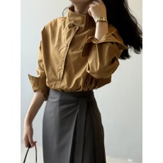 批发韩系焦糖色<b class='q'>立领</b><b class='q'>衬衫女</b>秋季2025新款设计小众长袖法式小资上衣小衫
