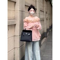 批发【薄雾玫瑰】<b class='q'>甜美</b>法式一字肩长袖雪纺女设计感立体花朵上衣