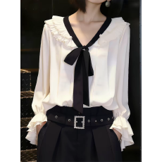 批发蝴蝶结风白色长袖衬衫<b class='q'>女</b>装春季2026<b class='q'>新款</b>荷叶边系带设计感上衣宽松