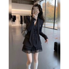 批发韩系富家千金miu系穿搭黑色假两件西装连衣裙女2026年新款小个子