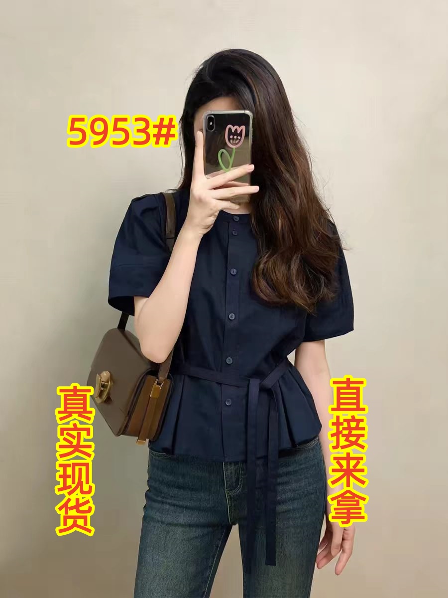 해군 레이스업 허리 수축 반팔 셔츠 여자 여름 드레스 2026 년 새로운 프랑스식 사소한 Chic 아름다운 맨위